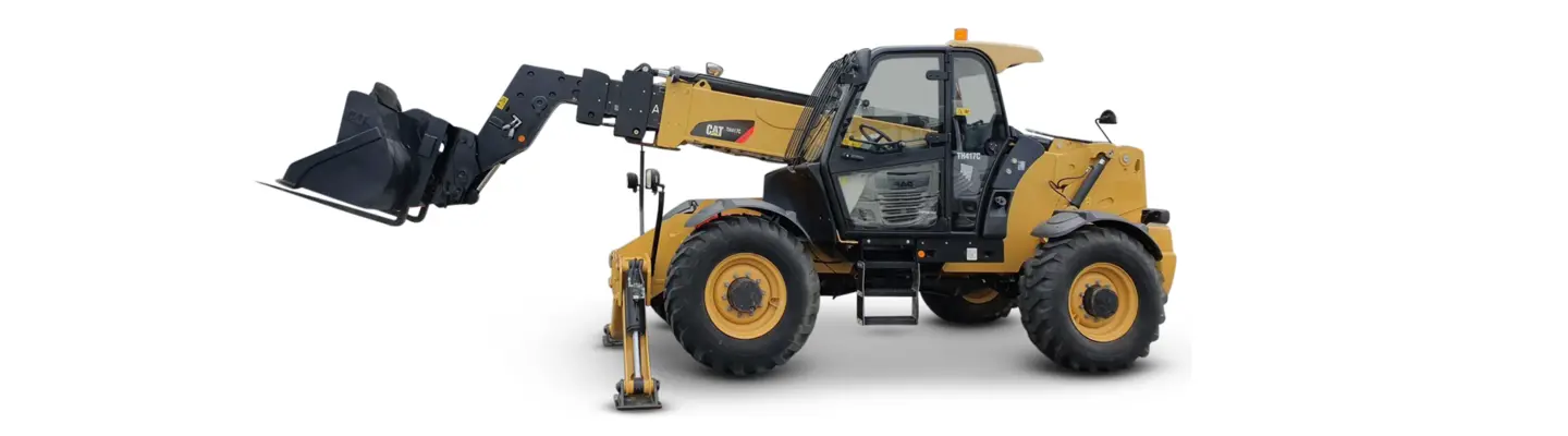 Yellow telehandler parked on a construction site, ready to lift and move heavy materials with its extendable boom.