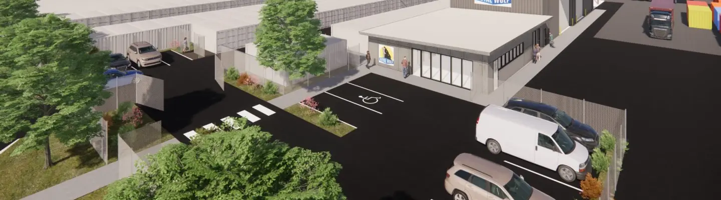  Architectural blueprint and 3D rendering of a modern state-of-the-art facility under development, showcasing futuristic design.