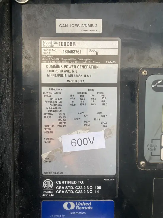 2019 Cummins C100D6R Diesel Generator