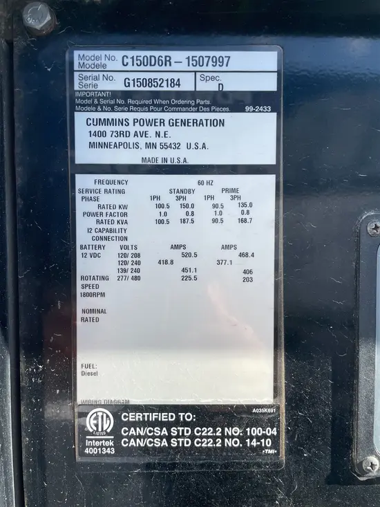 2015 Cummins C150D6R Diesel Generator