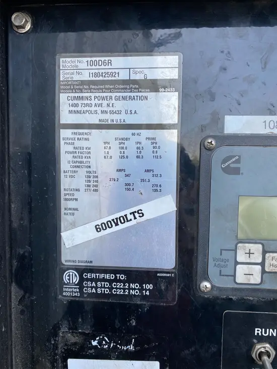 2018 Cummins C100D6R Diesel Generator