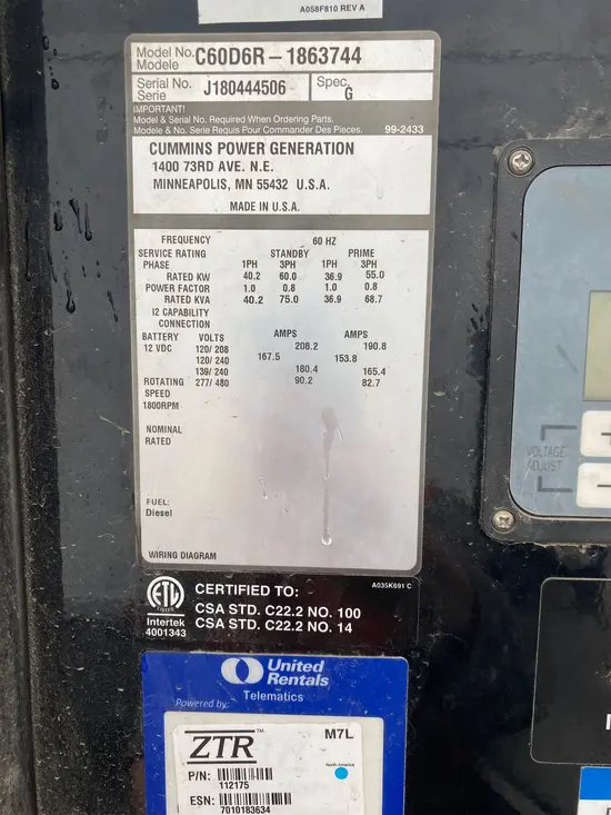 2019 Cummins C60D6R Diesel Generator