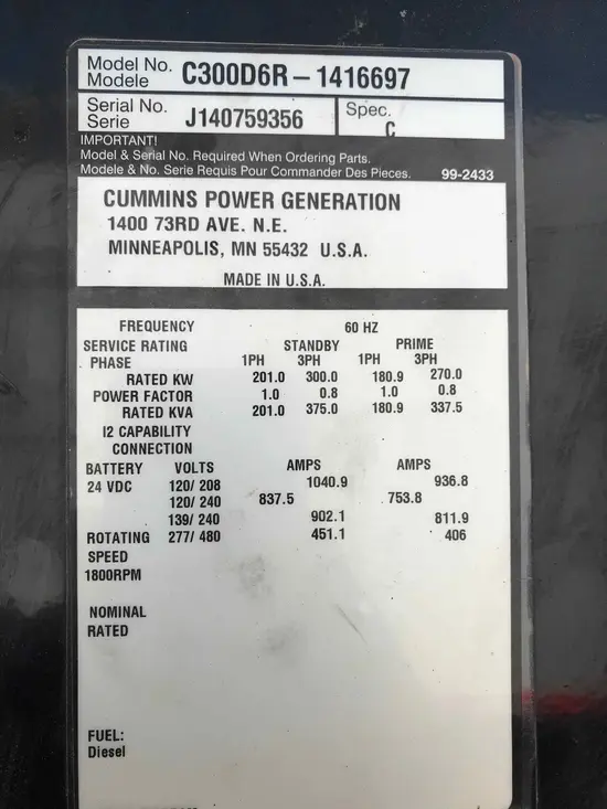 2015 Cummins C300D6R Diesel Generator