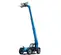 Front view of a blue telehandler with vertical extended boom, forklift attachment and enclosed cabin.