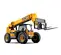 Front angled view of yellow JCB telehandler with extended boom, forklift attachment and enclosed cabin.
