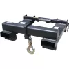 Top view of a black crane hook attachment block with a silver hook.