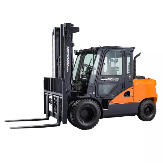 Side view of an orange and black Doosan warehouse forklift with an enclosed cabin and extended forks.
