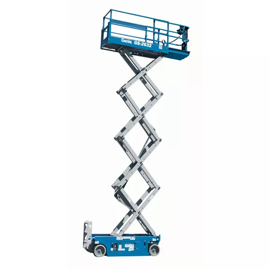 Side view of an extended blue Genie scissor lift with platform with a safety railing.