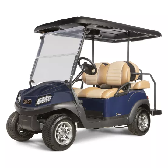 Blue and brown Clubcar Tempo electric golf cart